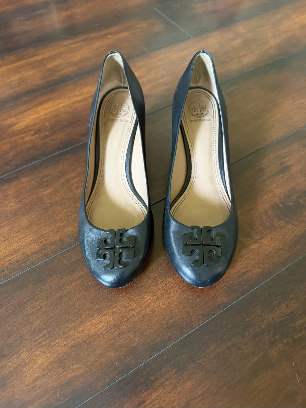 Tory Burch Black Leather Lowell 2 Wedges